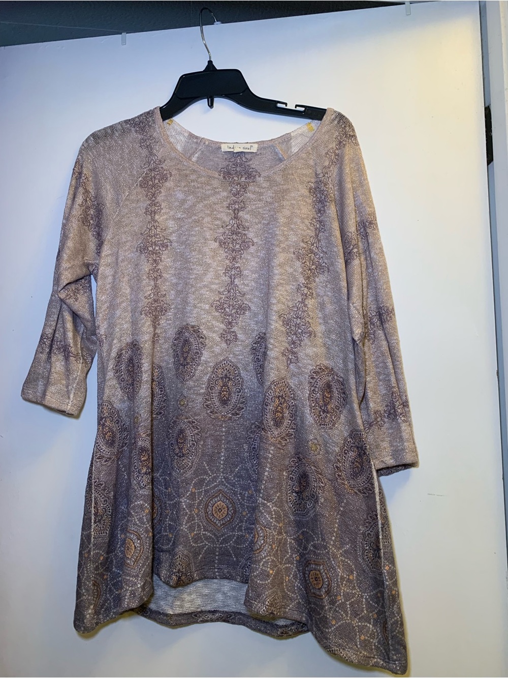 indigo soul Taupe and Lavender Paisley Tunic Top